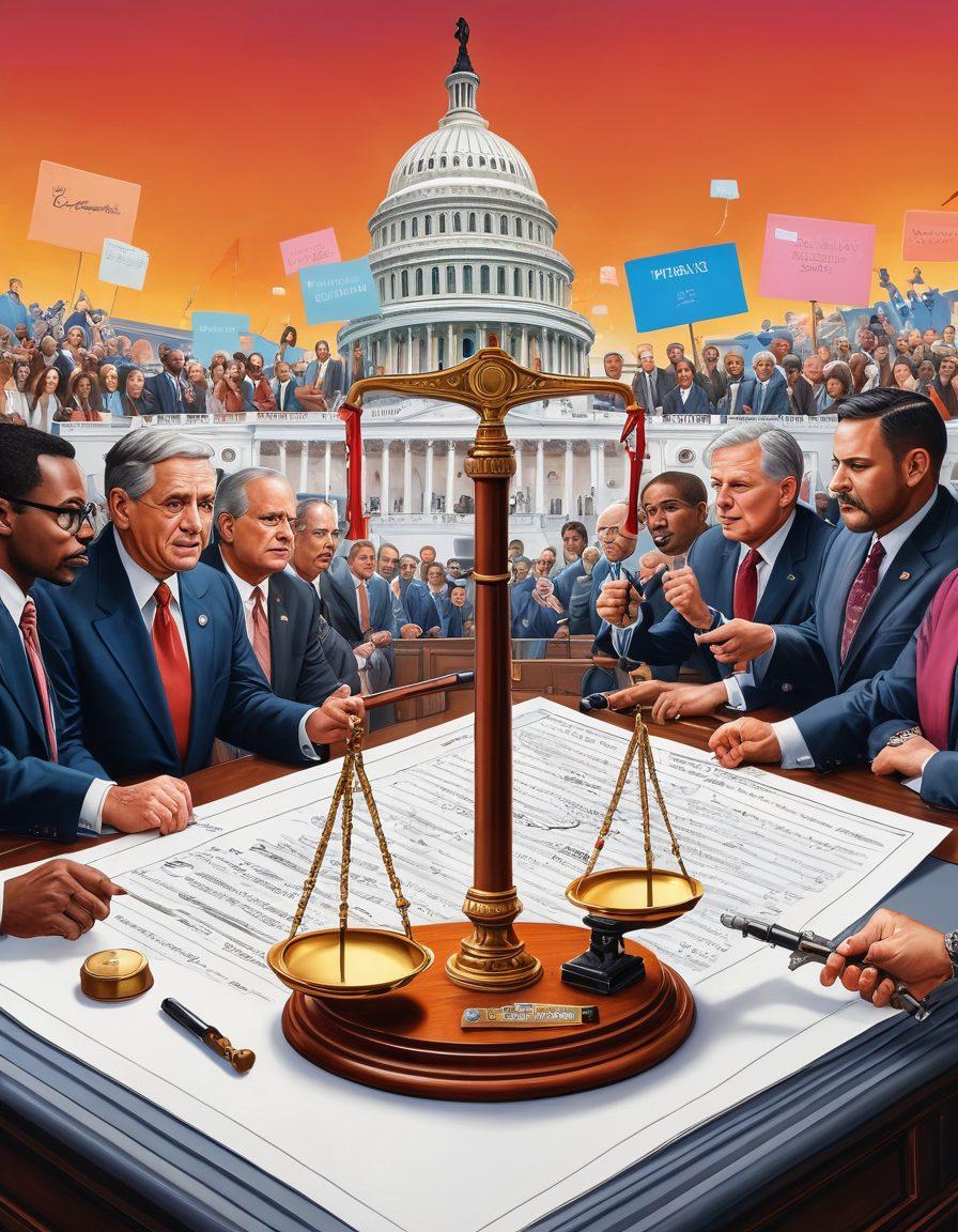 An intricate scale balancing a gavel on one side and a rifle on the other, set against the backdrop of a divided Congress. People from all walks of life are debating, with thought bubbles showing various perspectives. The background transitions from peaceful communities to chaotic scenes, symbolizing the impact of regulations. super-realistic. vibrant colors.