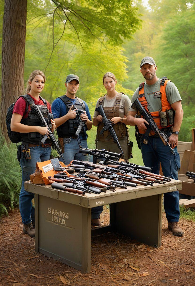 A confident, diverse group of firearm enthusiasts gathered in a serene outdoor setting, responsibly handling different types of firearms, emphasizing safety gear like ear protection and safety glasses. Include elements like informational signs, secure storage solutions, and a serene natural background. Super-realistic. Vibrant colors. Warm and inviting atmosphere.